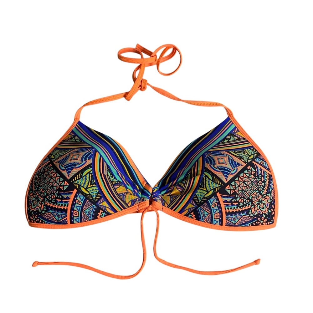 Eidon Women's Neon Orange Patterned Halter Bikini Top